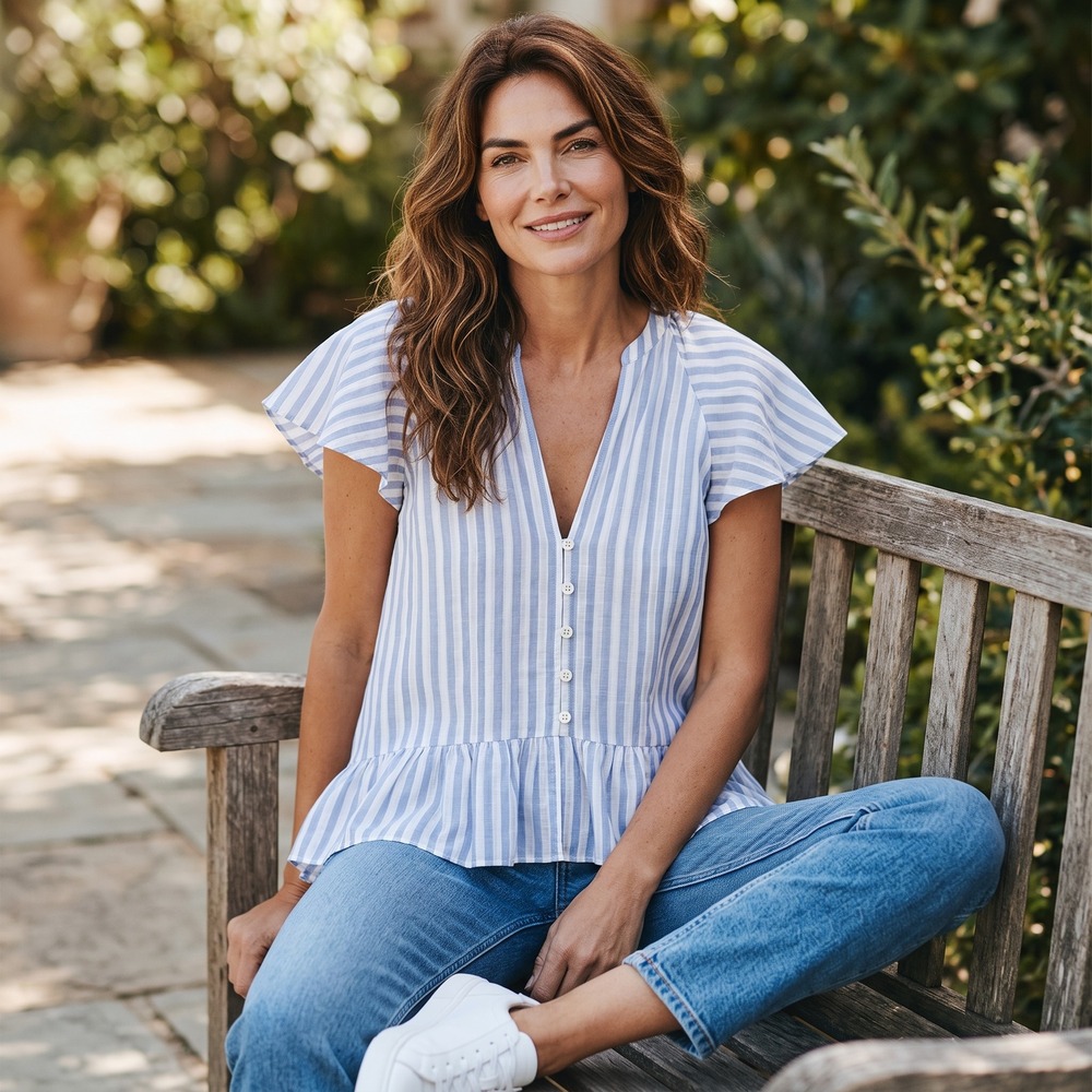 Veronica Beard Blue White Striped Linen Silk Flutter Sleeve Peplum Top 8 - Picture 1 of 9